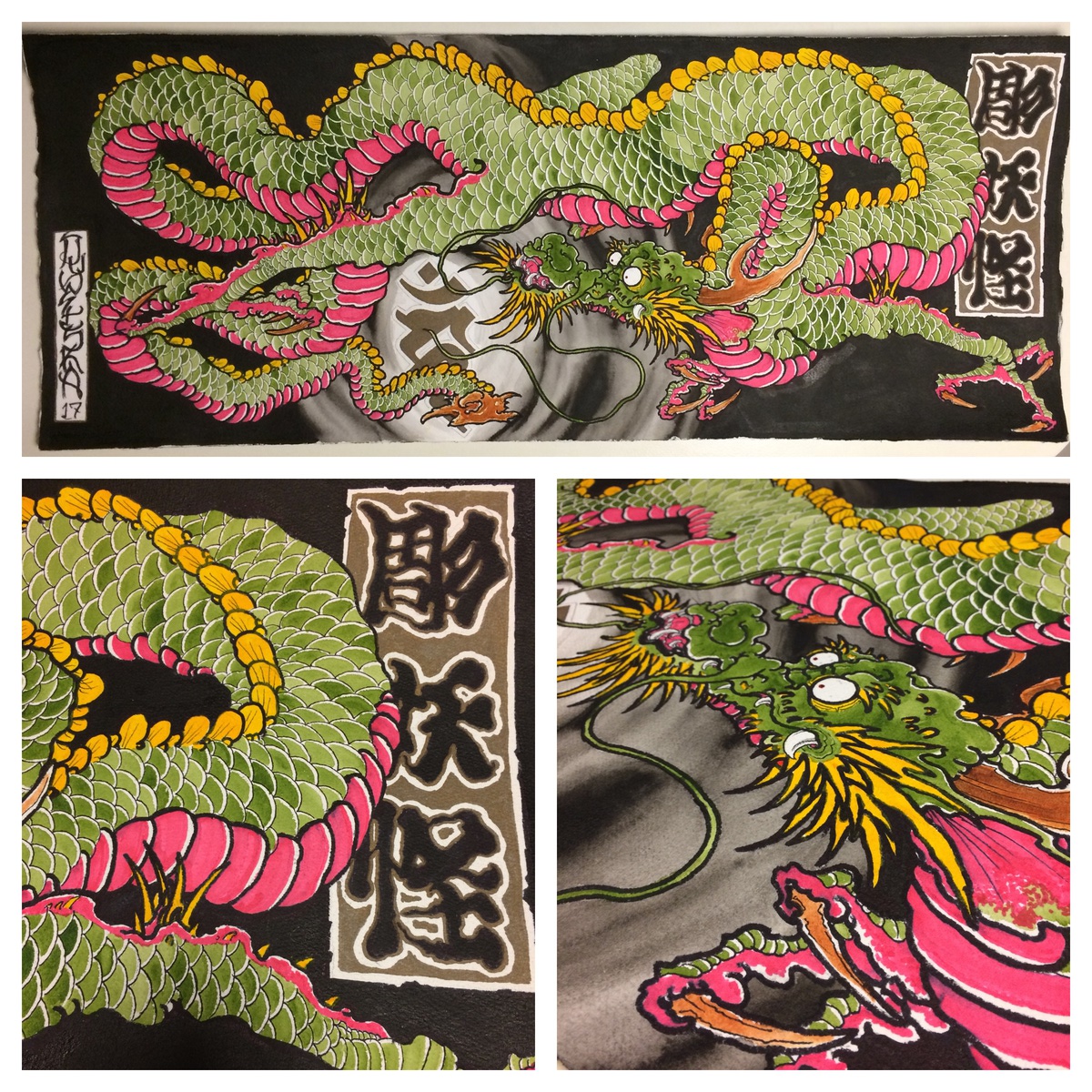Original sumi and vermillion dragon painting on washi paper by Tim Dywelska