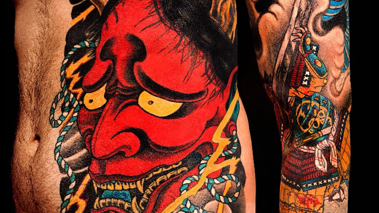 Bold red hannya mask and samurai full sleeve tattoo