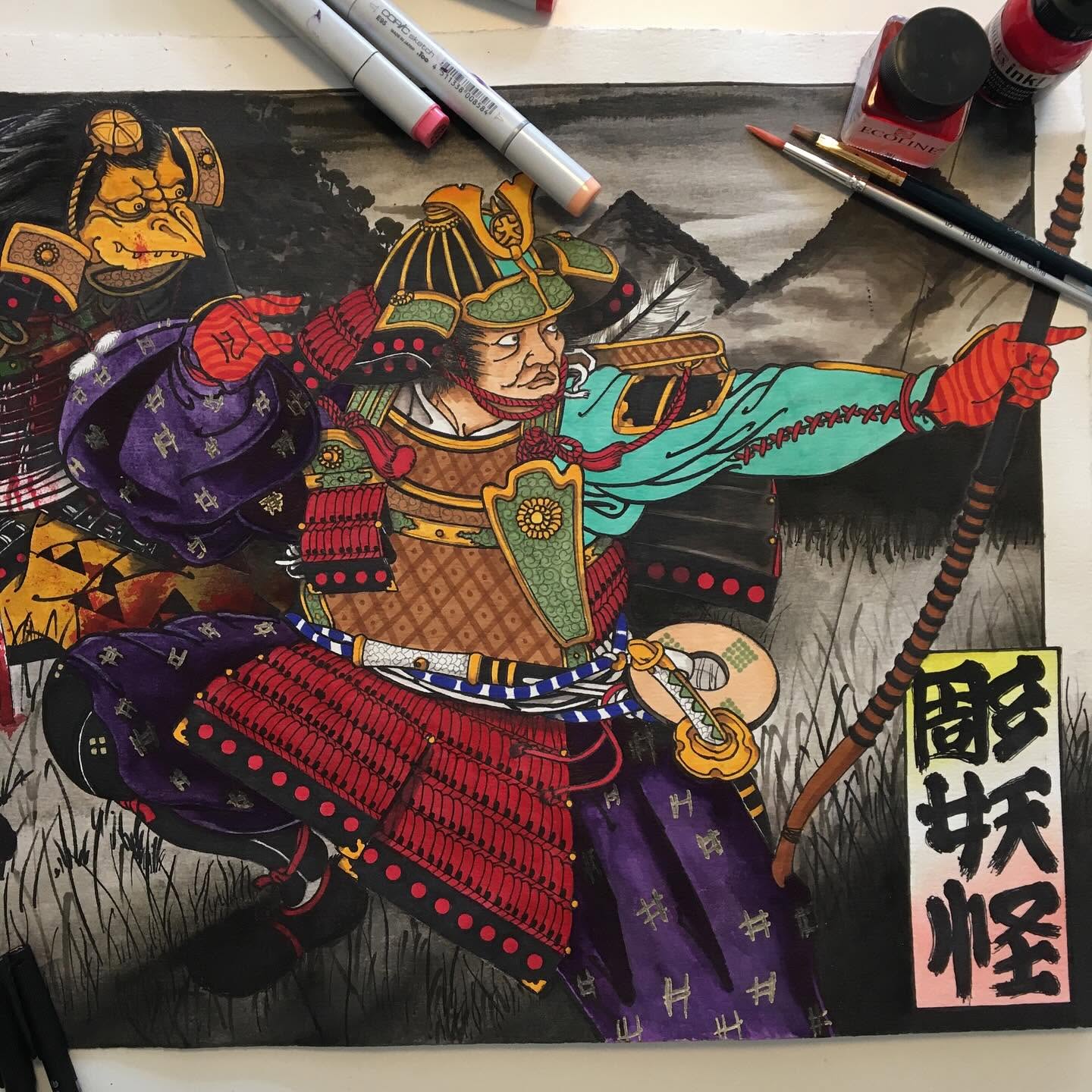 Original Japanese samurai painting study in colour