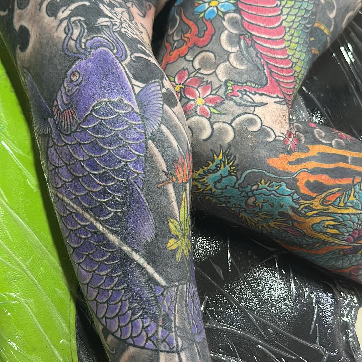 Purple koi and turquoise dragon body suit close detail