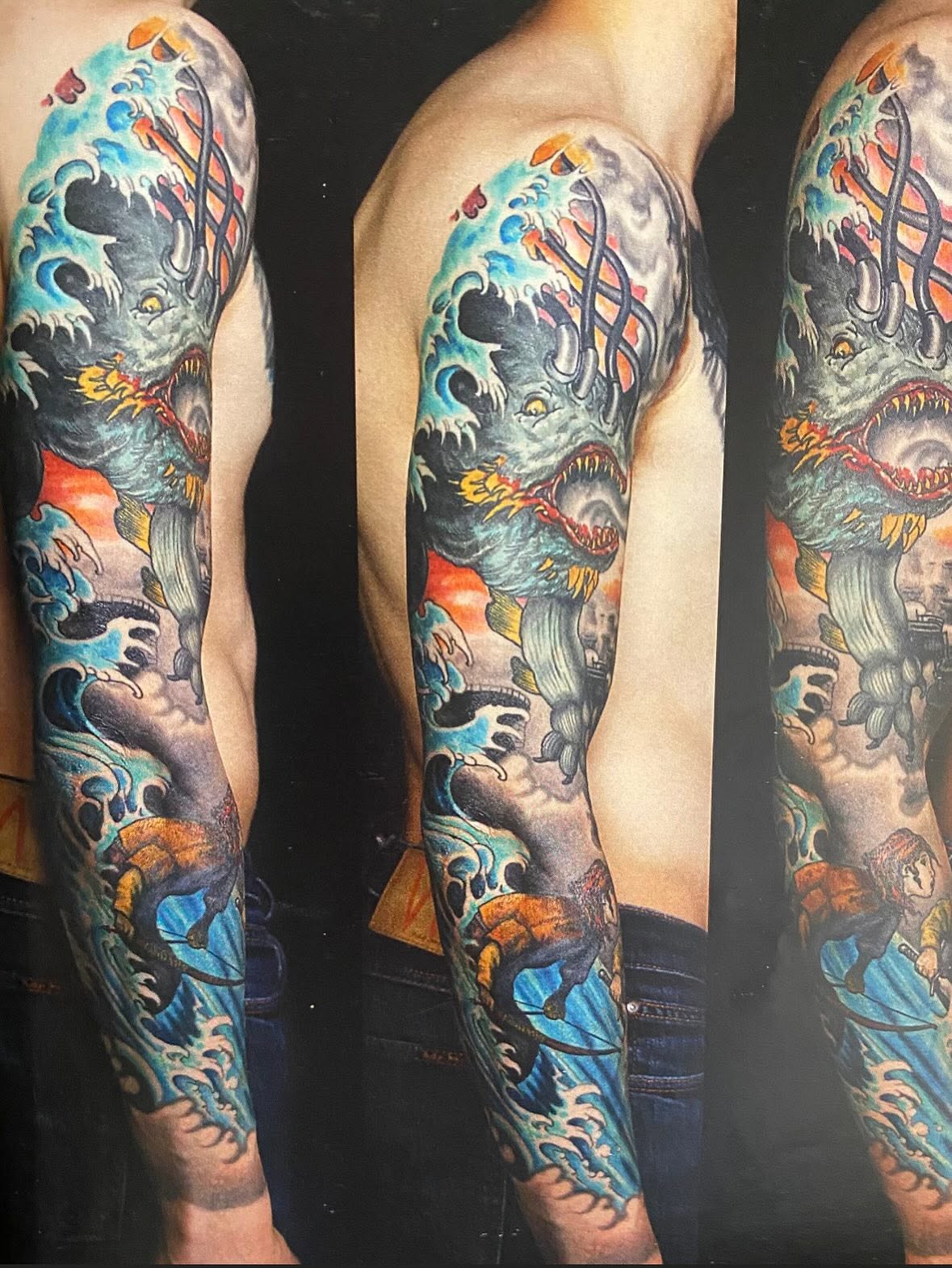 Japanese sleeve with stormy waves and yokai by Tim Dywelska
