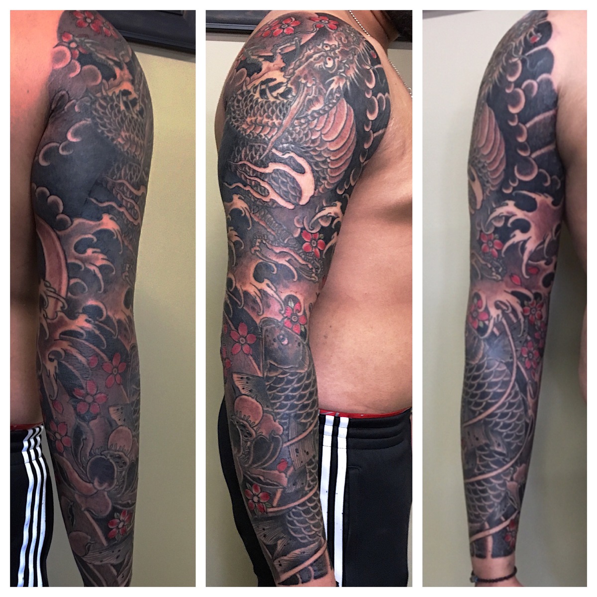 Black and grey phoenix and koi full sleeve with red cherry blossoms