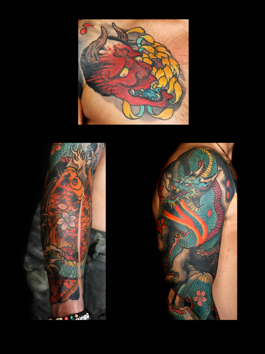 Collage of oni chest piece, orange koi sleeve and teal dragon shoulder