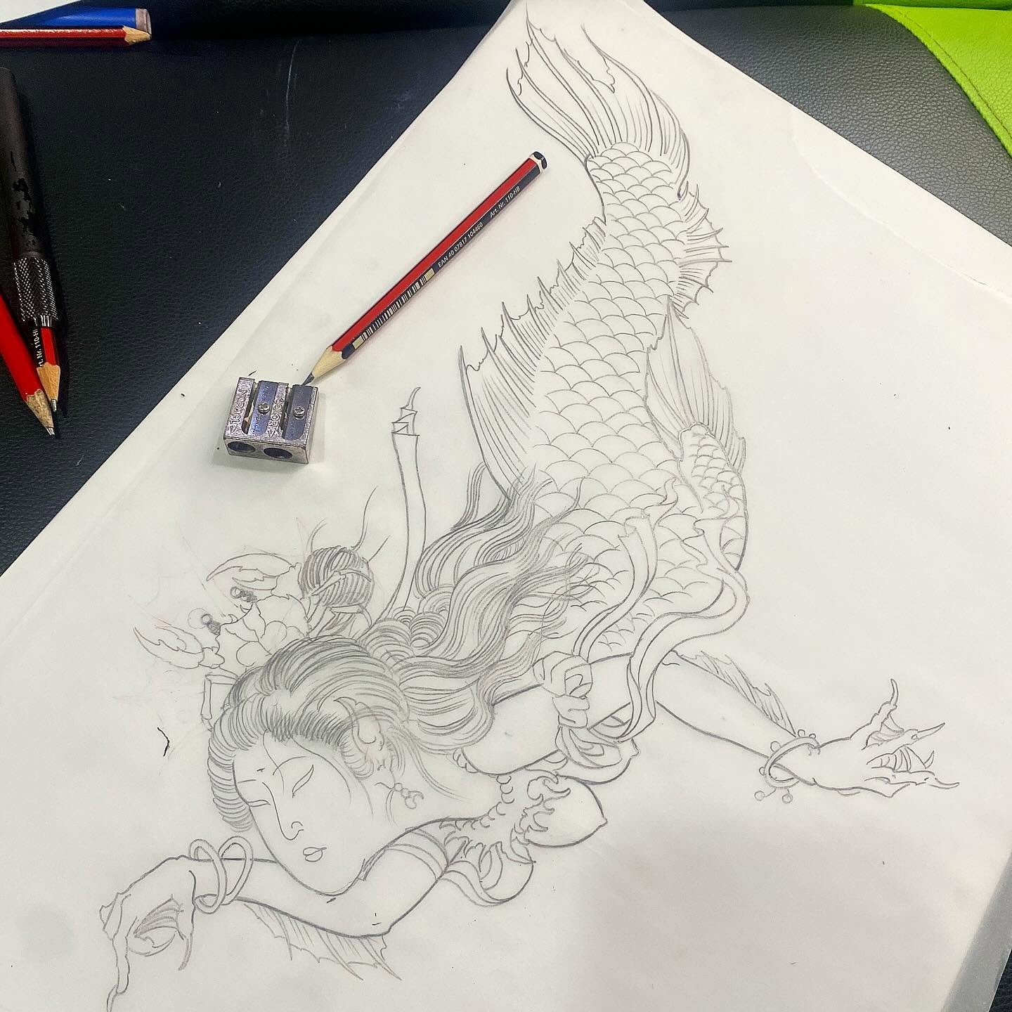 Pencil sketch of a Japanese mermaid ningyo design