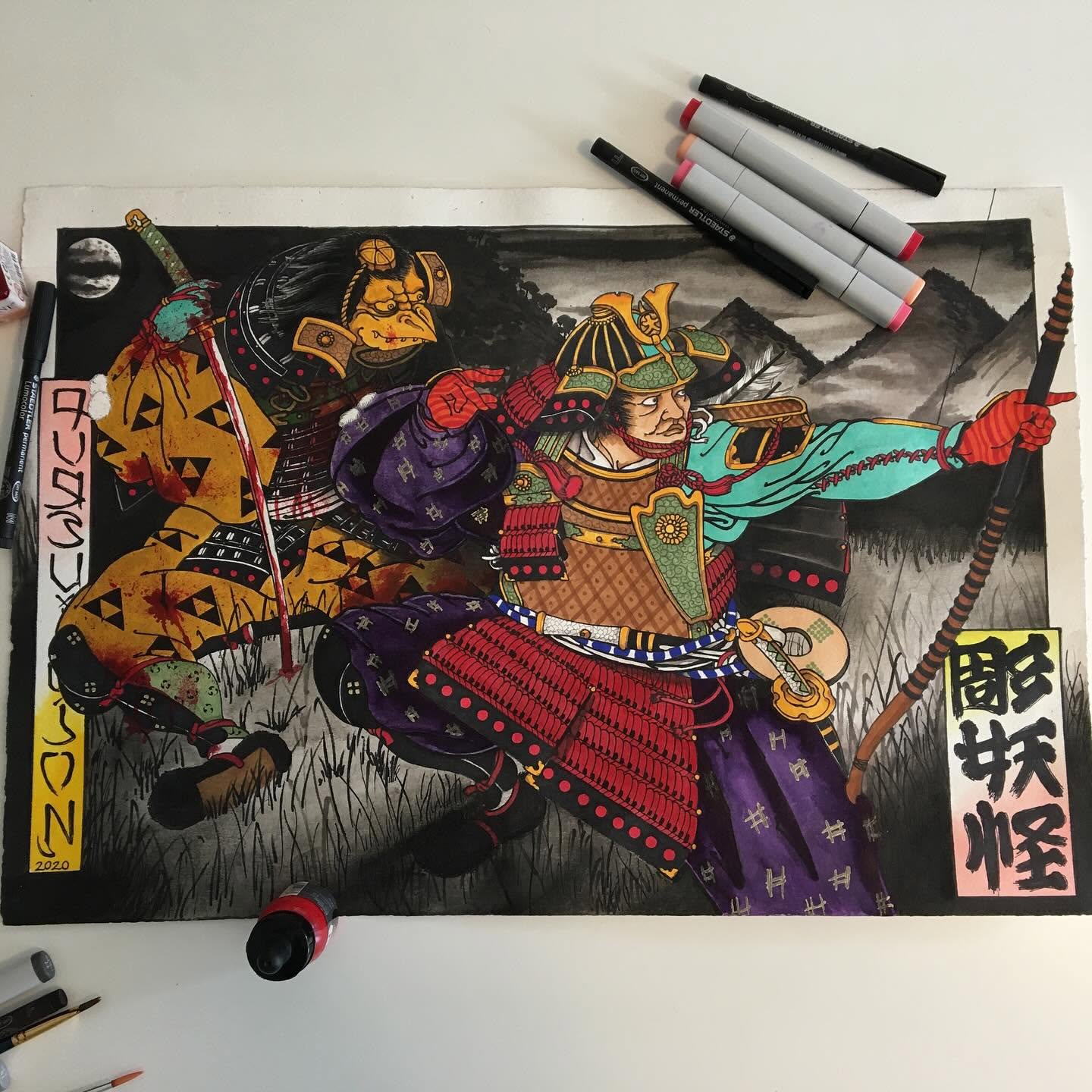 Original samurai versus oni painting by Tim Dywelska