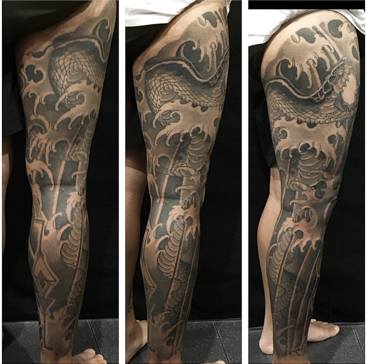 Black and grey snake and waves full leg sleeve from three angles