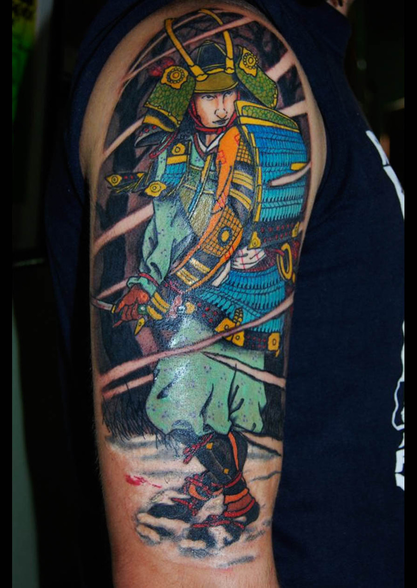 Colour Japanese samurai half sleeve with bamboo background