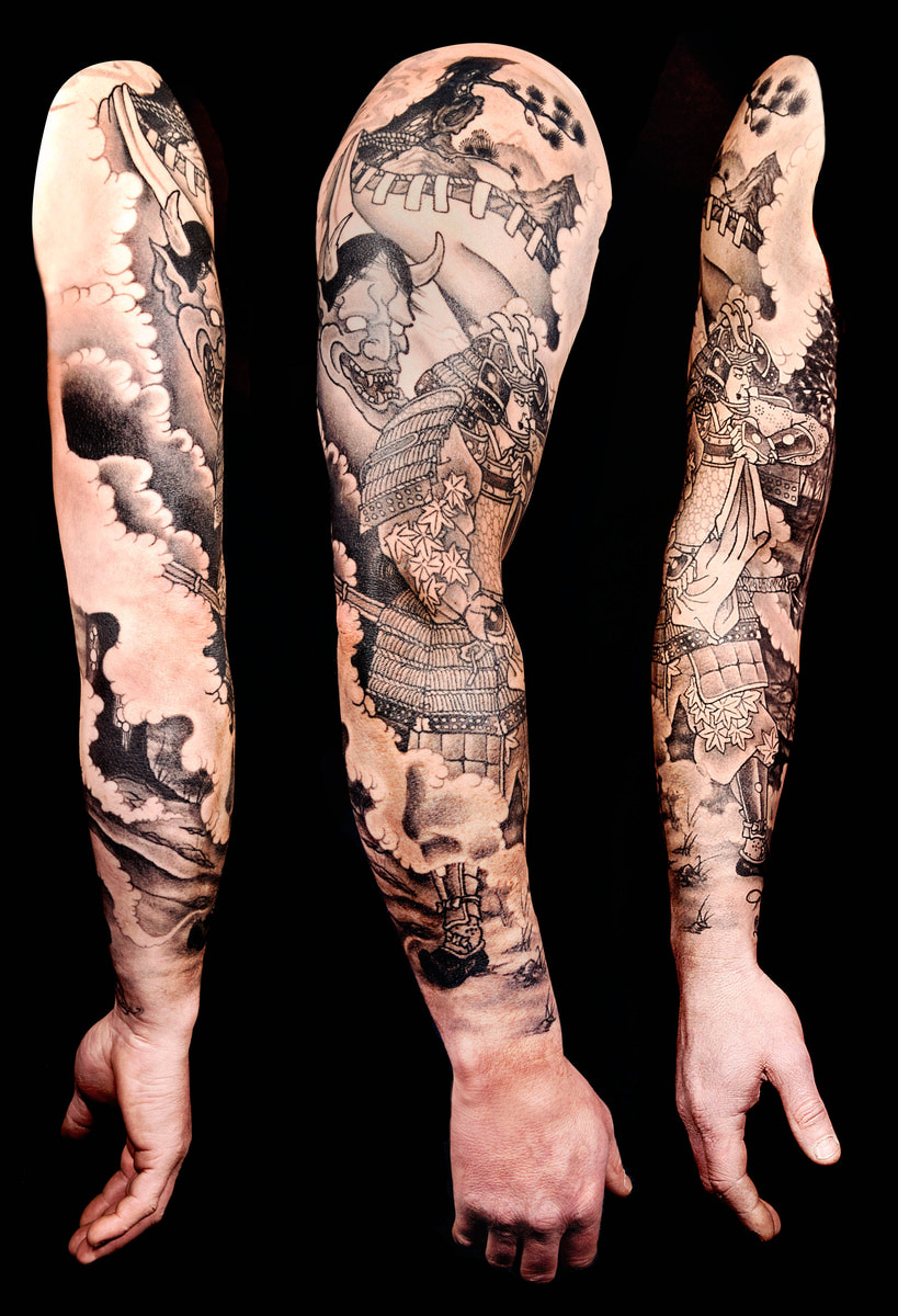 Black and grey hannya and samurai full sleeve shown from three angles