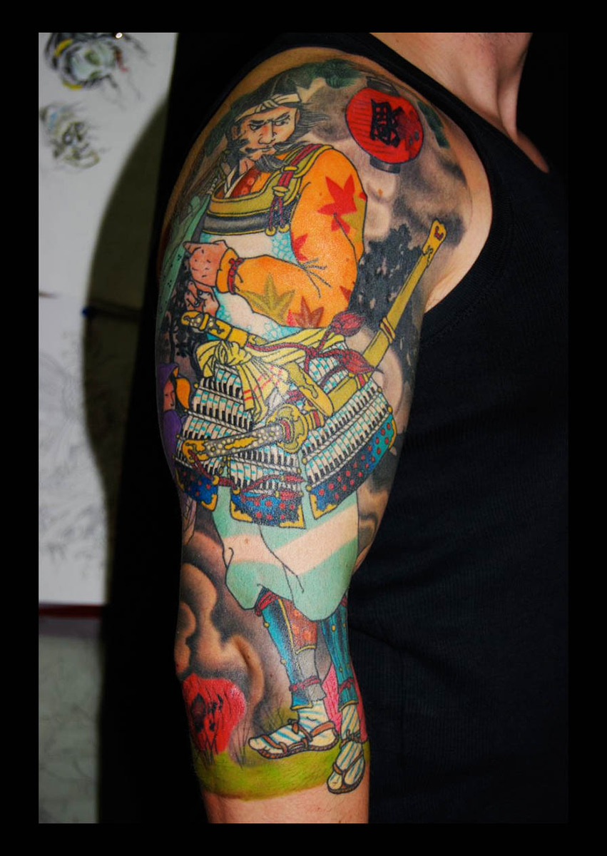 Colour samurai archer half sleeve with red lantern and maple leaves